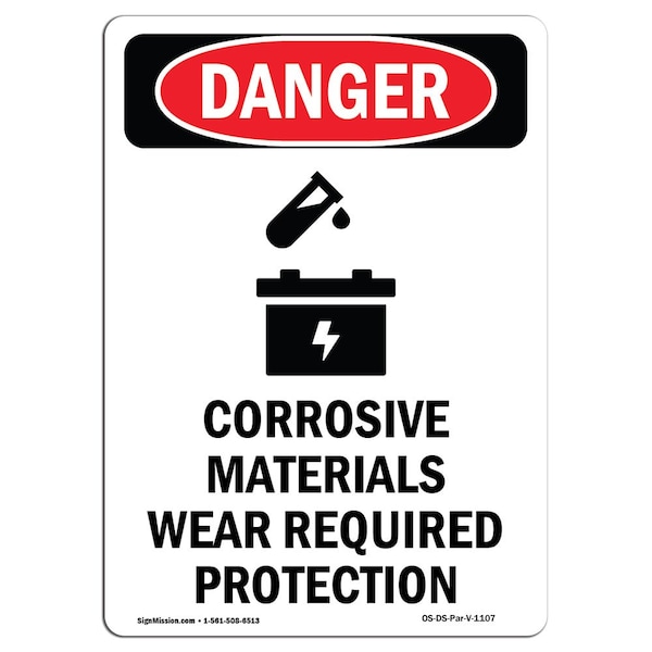 Safety Sign, OSHA Danger, 5" Height, Corrosive Materials, Portrait, 10PK